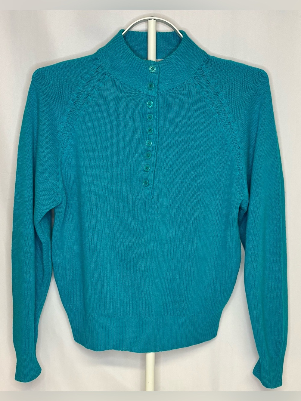 VTG 80s Lauren Cole Petites Lambswool Angora Teal Mock Neck Henley Sweater PS